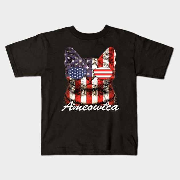 Cat Ameowica American Flag 4th Of July Patriotic Kids T-Shirt by Jannysingle